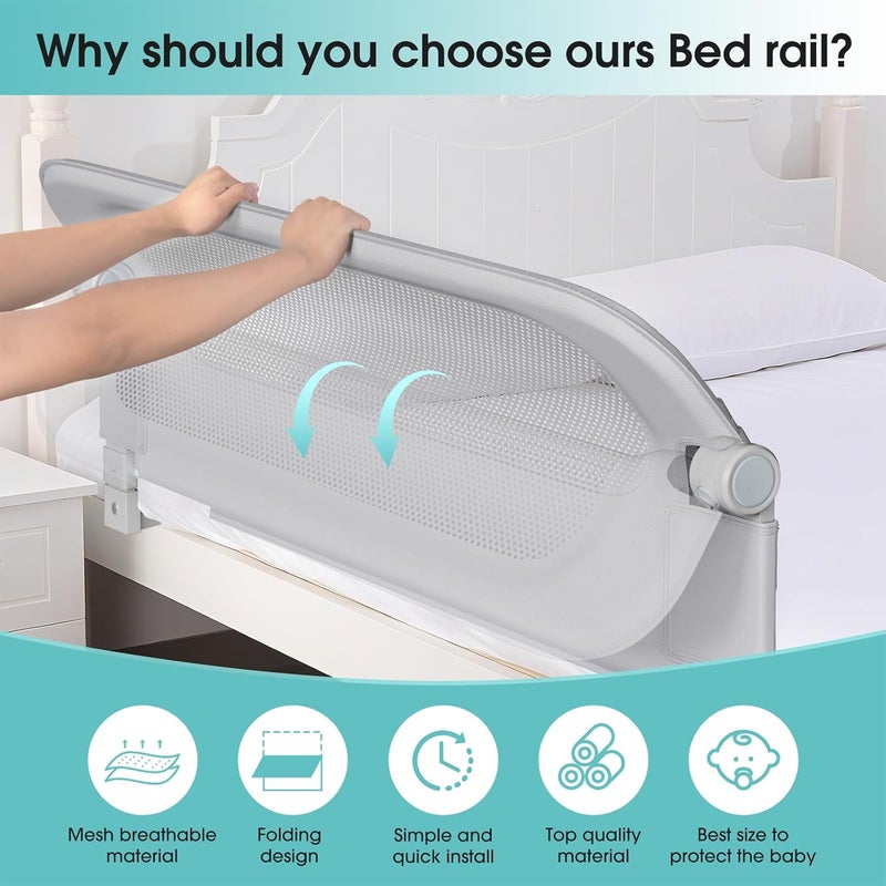 NUTIKAS Baby Bed Rail Guard for Toddlers - 70" Toddler Bed Rails for Twin, Full, Queen, King Bunk Size Bed Swing Down Bedrail Extral Tall Child Safety Side Railing Guards for Kids Gray - Image 3